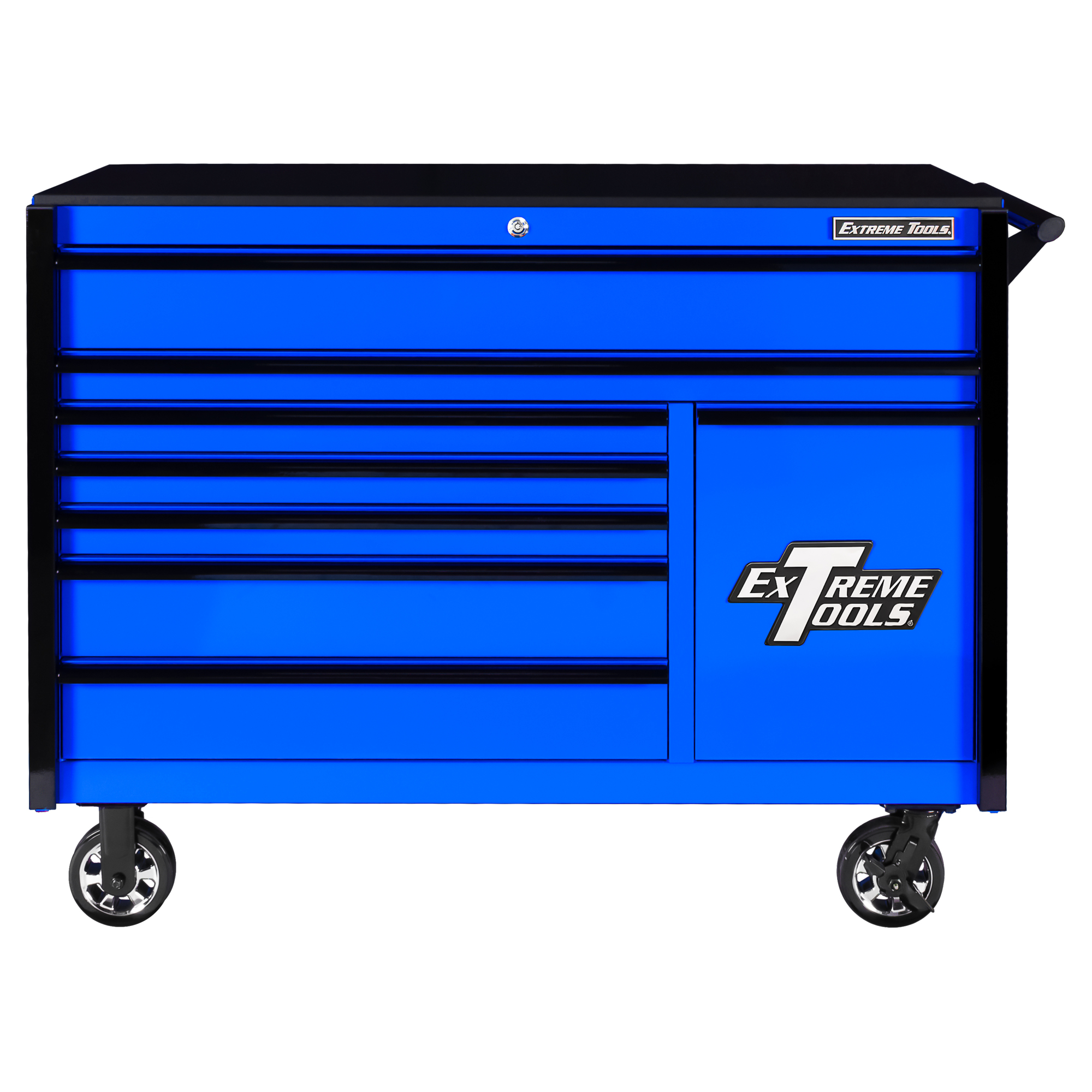 Extreme Tools DX Series Roller Cabinet - 55in.W x 25in.D, 8 Drawers, Power Tool Drawer, 42.5in. Height, Blue, Model# DX552508RCBLBK